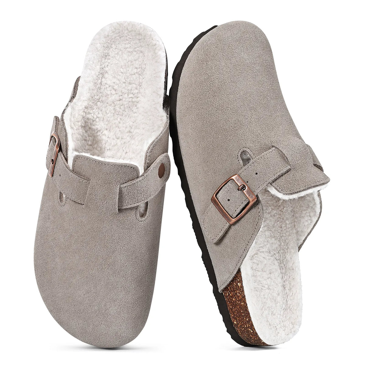 Gray genuine suede fur-lined clogs with buckle, pair top view