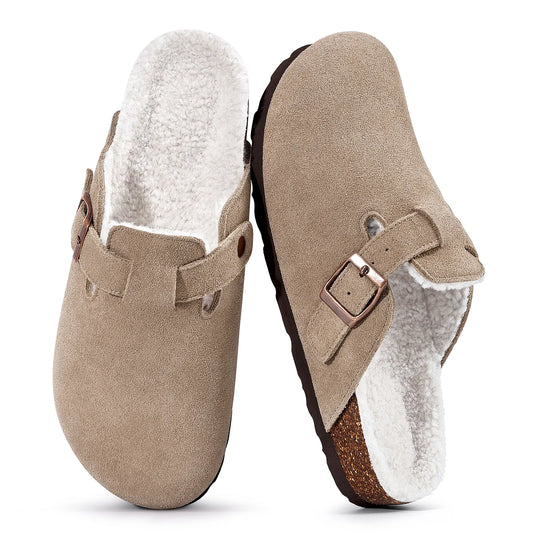 Taupe genuine suede fur-lined clogs with buckle, pair top view
