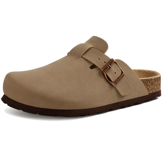 Tan smooth vegan leather clogs side view