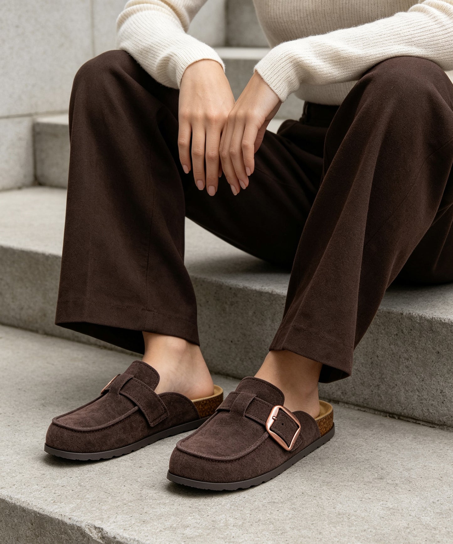 Genuine Suede Clog Mules with big buckle