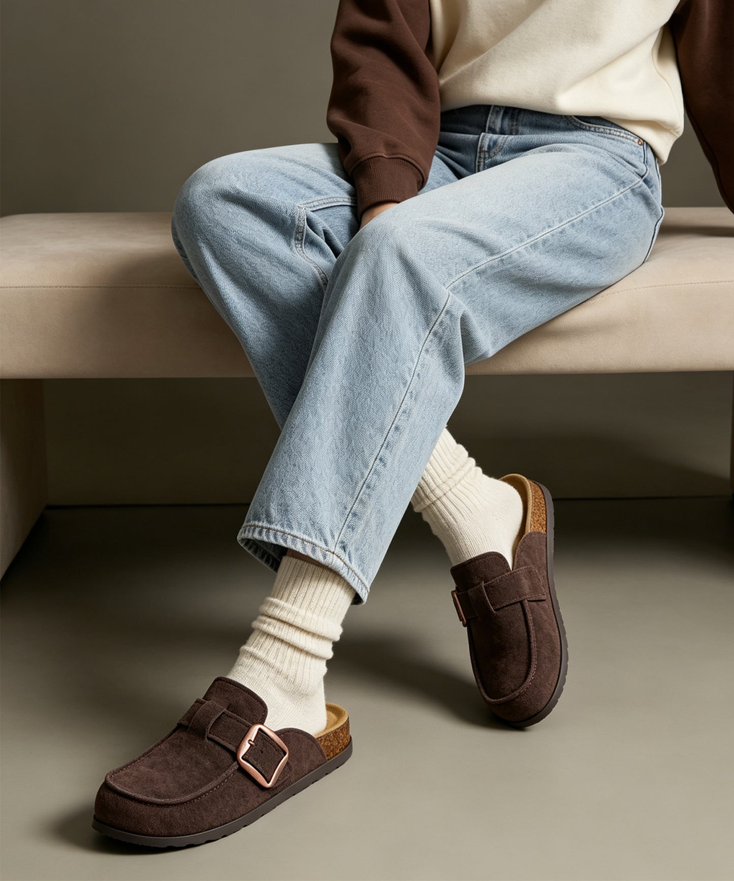 Genuine Suede Clog Mules with big buckle