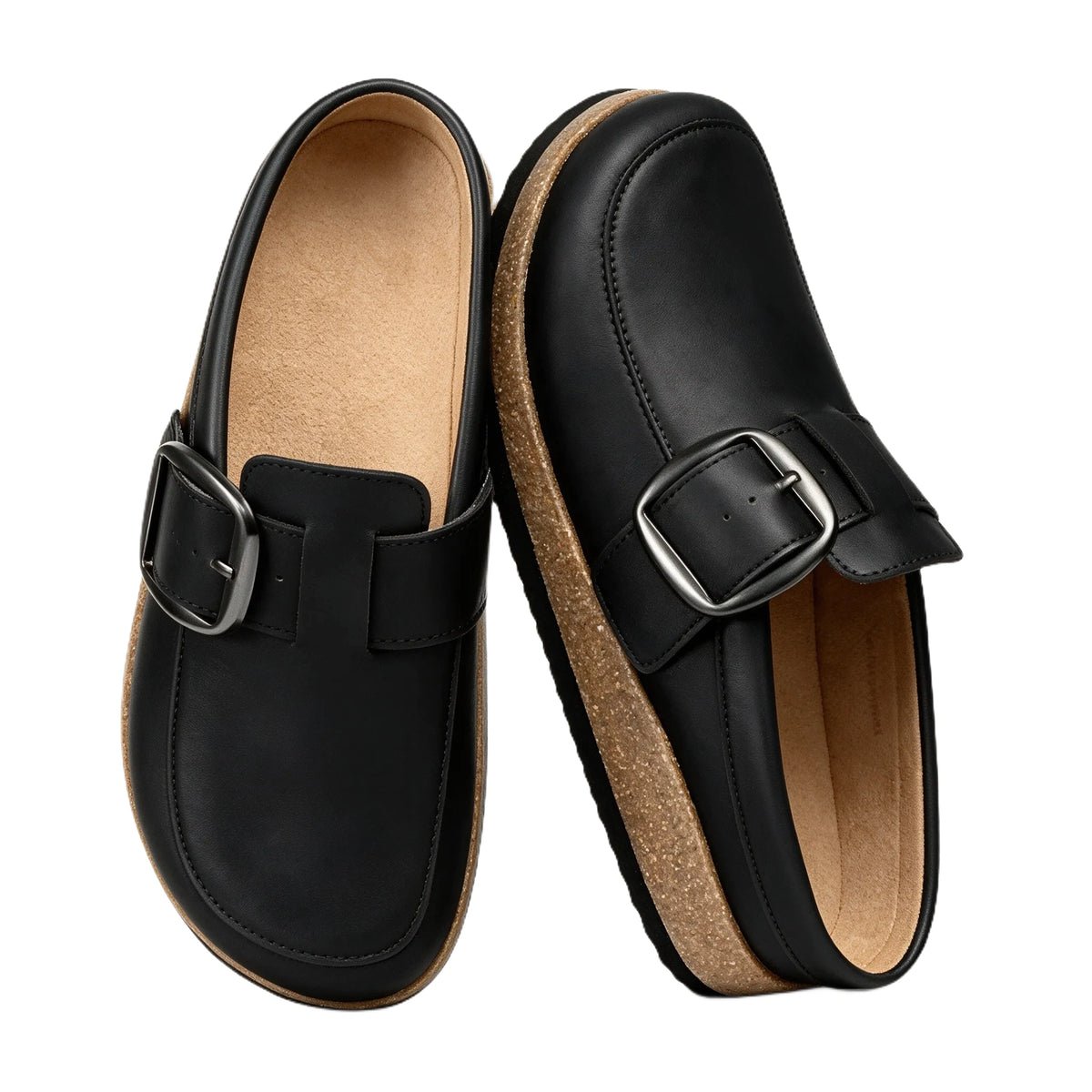 Black vegan leather clogs with heritage buckle, pair top view