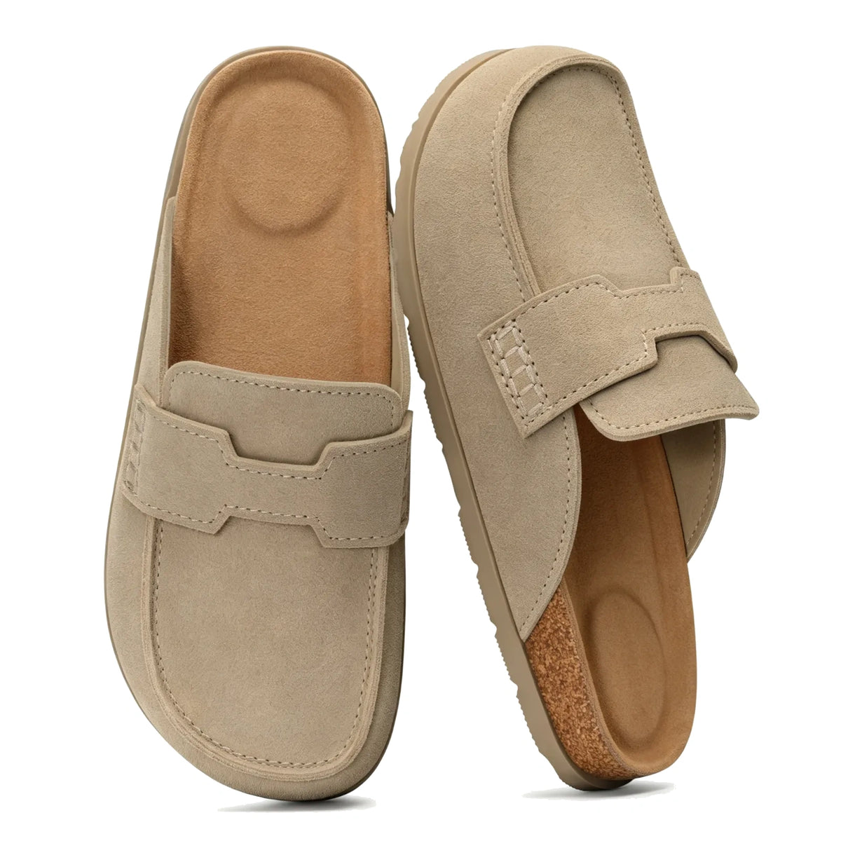 Taupe suede loafer-style clog mules with wide strap, pair top view