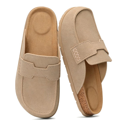 Tan suede loafer-style clog mules pair, top and angled view
