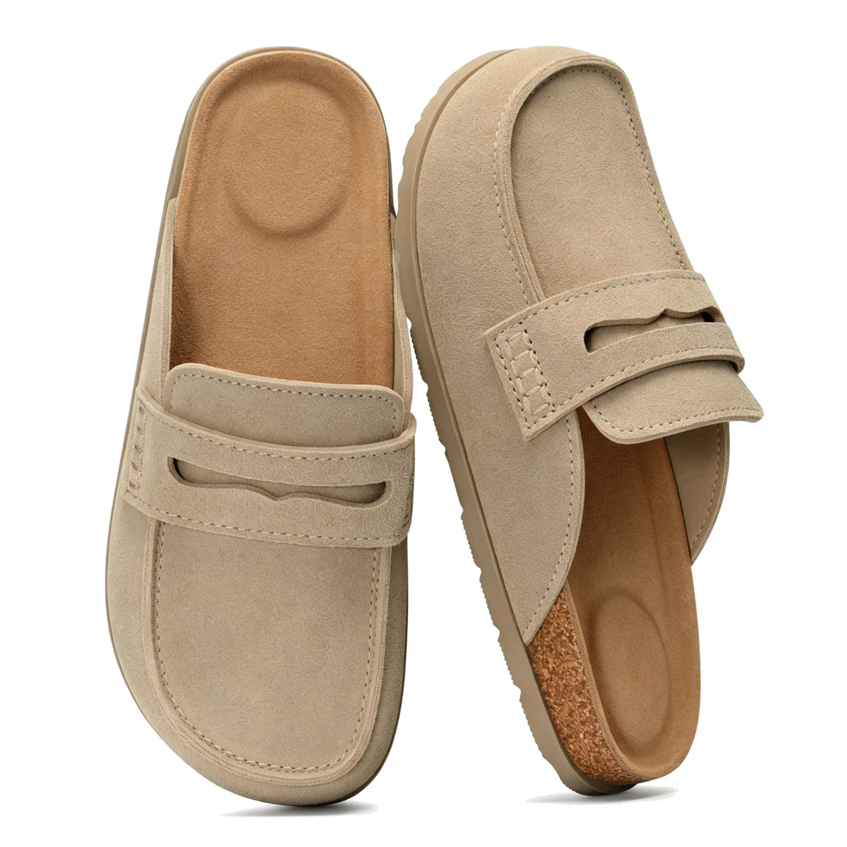 Taupe suede clog mules with penny strap accent, pair top view