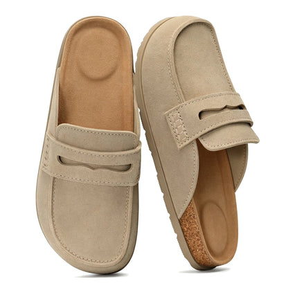 Taupe suede clog mules with penny strap accent, pair top view