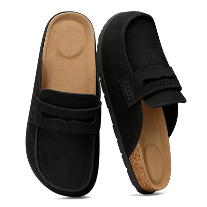 Black suede clog mules with penny strap accent, pair top view