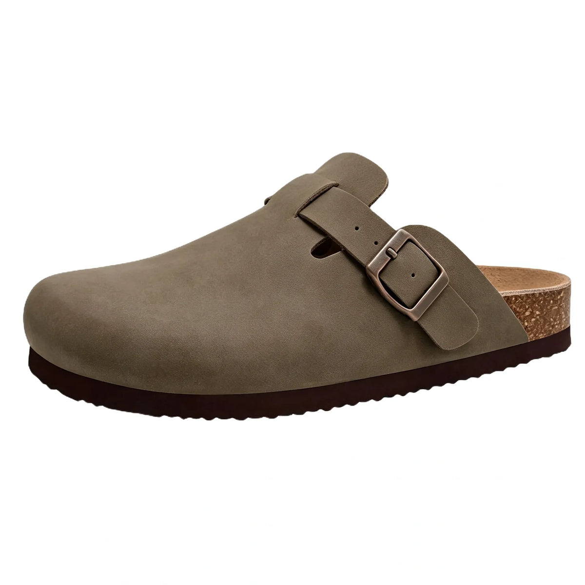 Gray smooth vegan leather clogs top-down view