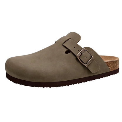Gray smooth vegan leather clogs top-down view