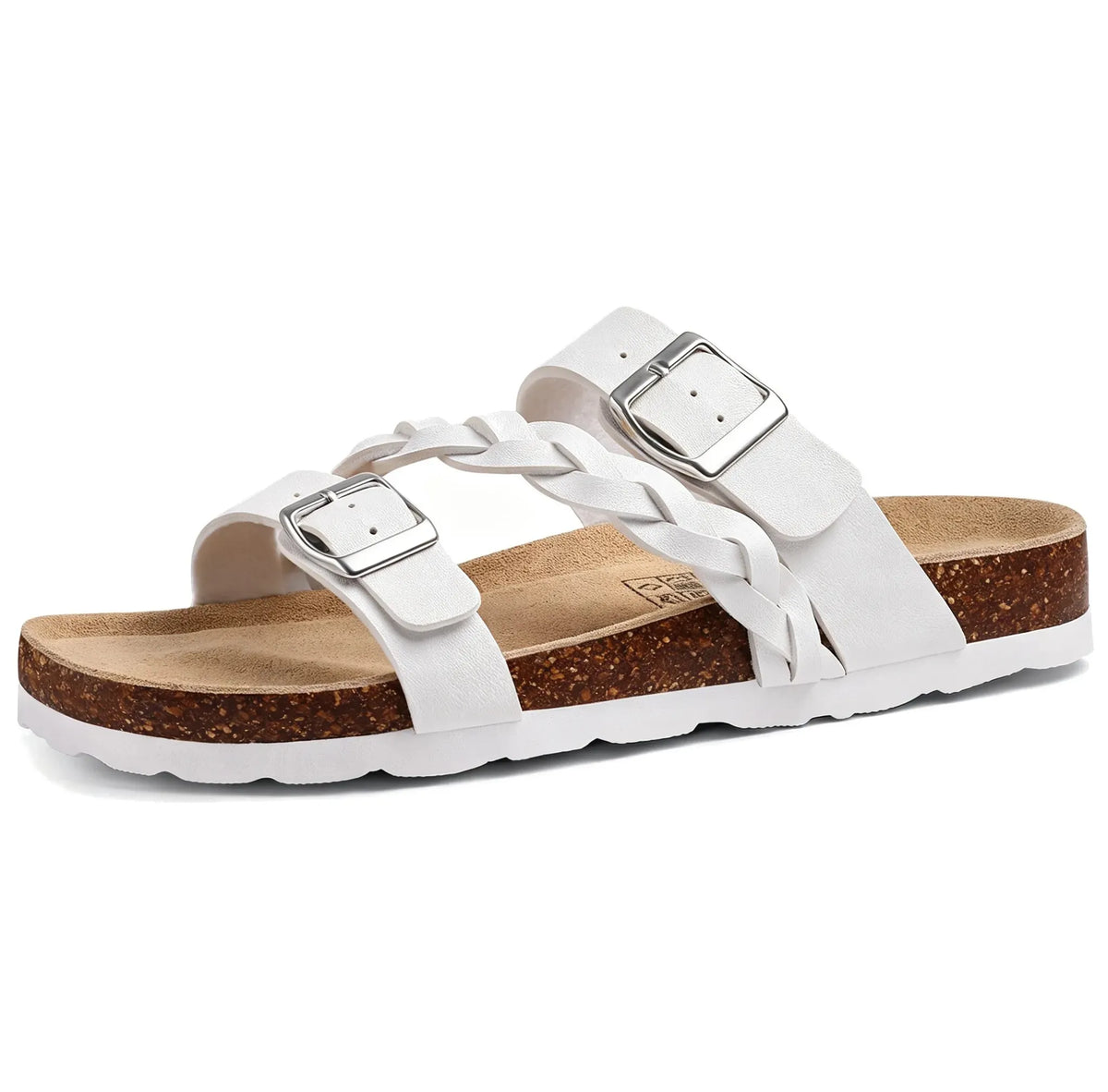 White braided cork footbed sandals with double buckles, side view