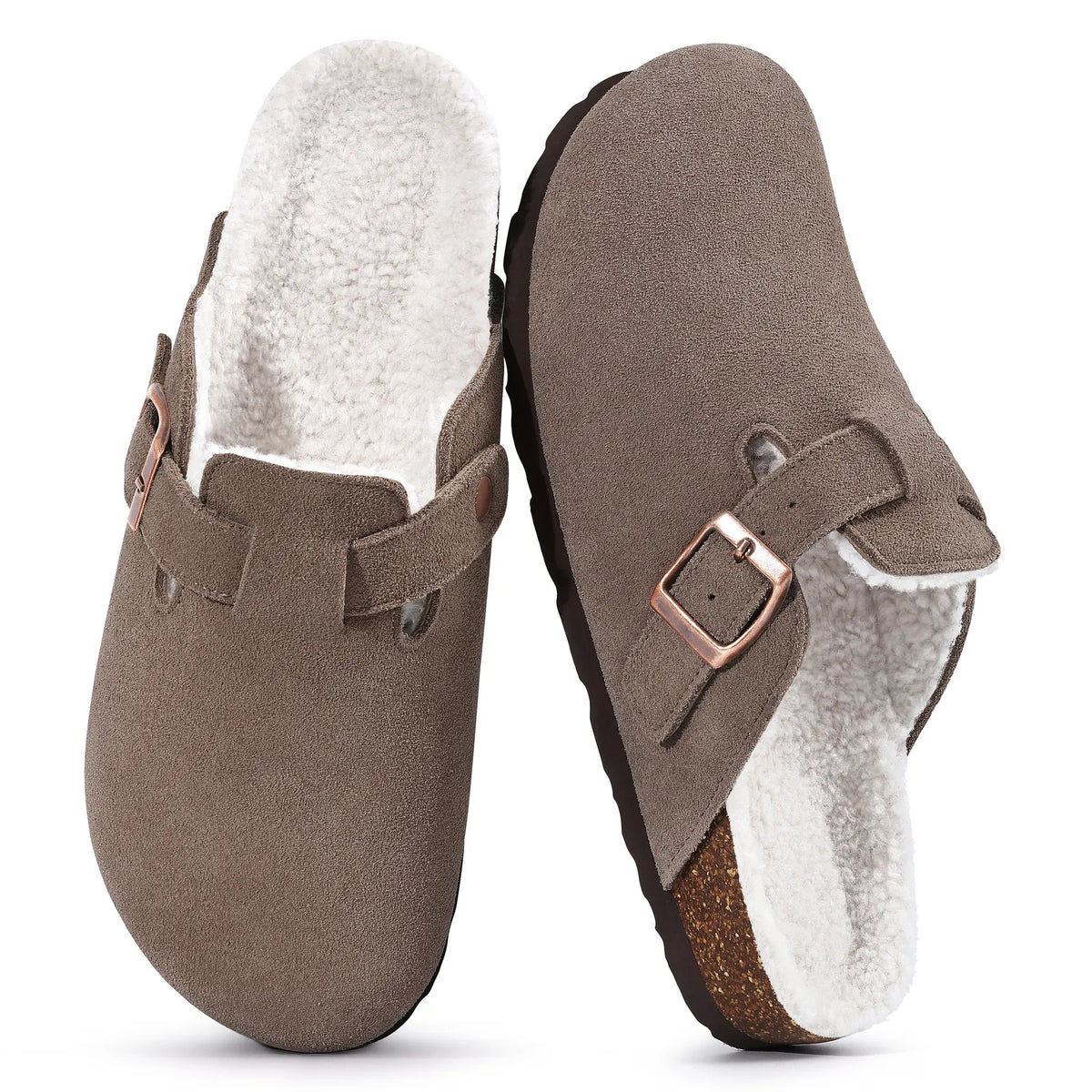 Mocha genuine suede fur-lined clogs with buckle, pair top view
