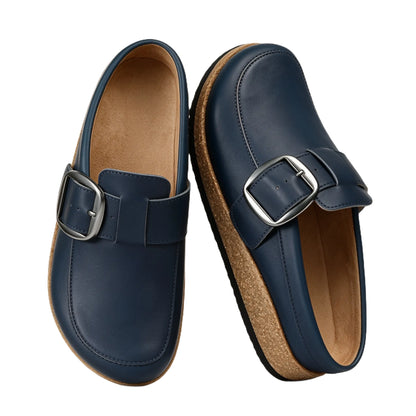 Navy vegan leather clogs with heritage buckle, pair top view