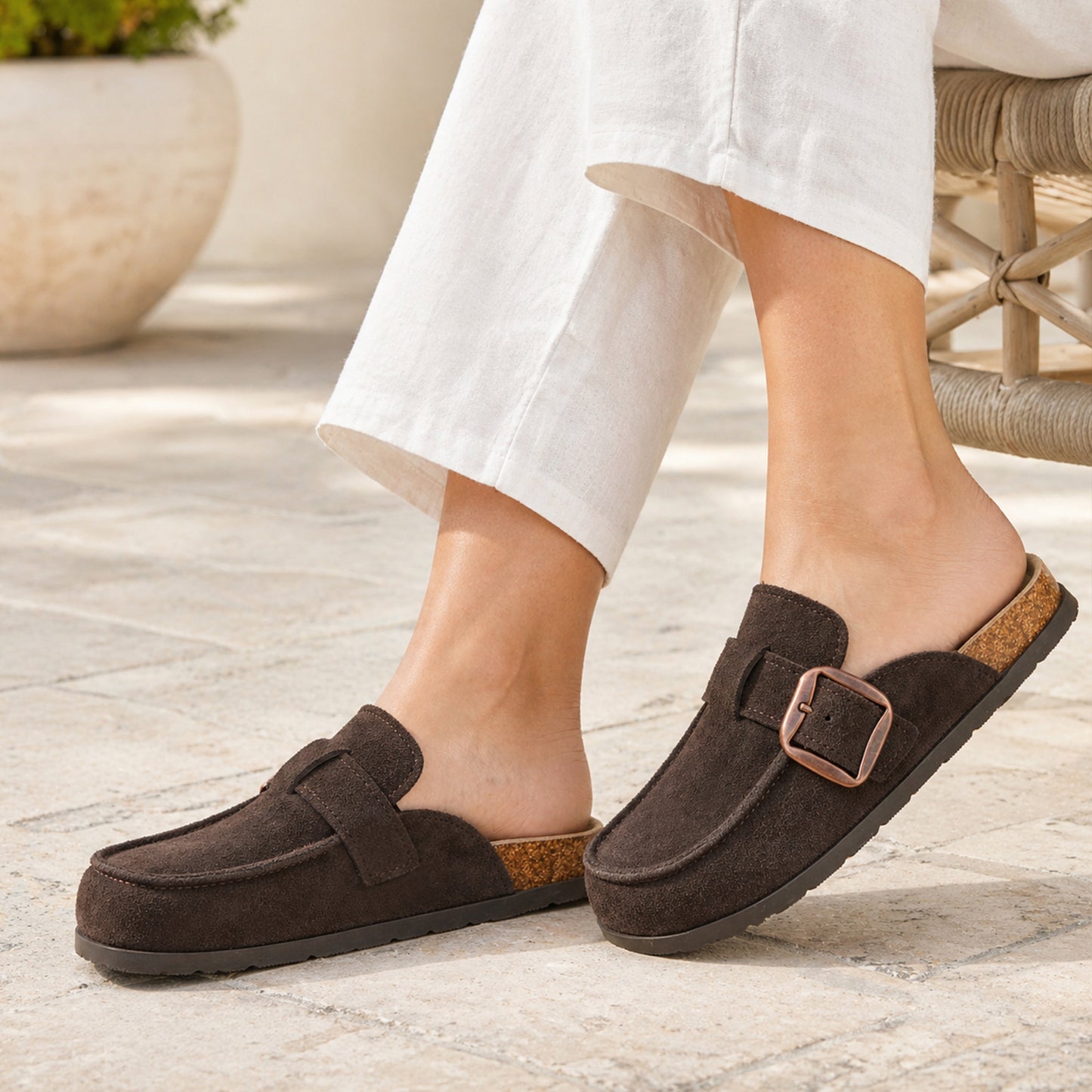 Genuine Suede Clog Mules with big buckle