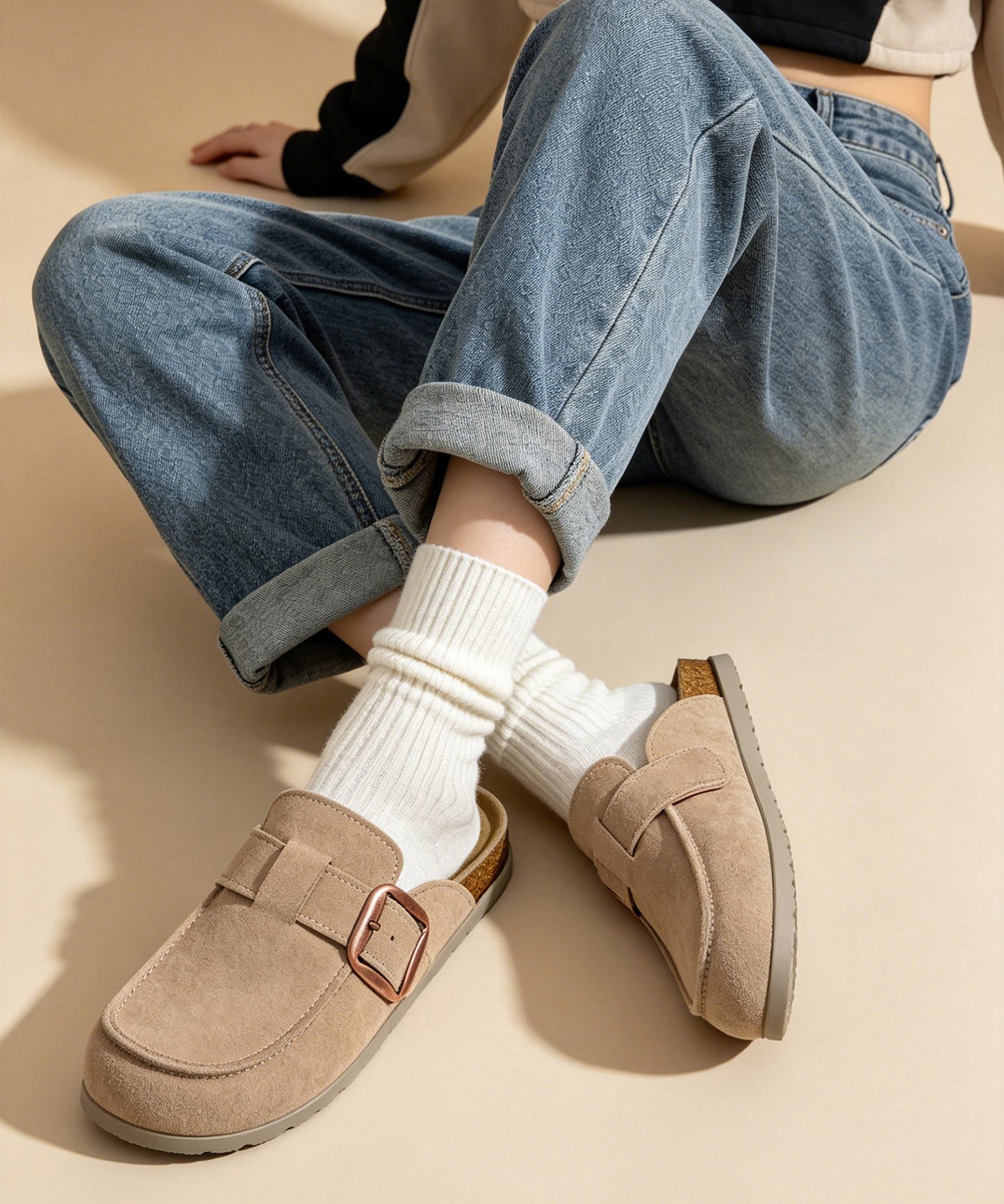 Genuine Suede Clog Mules with big buckle