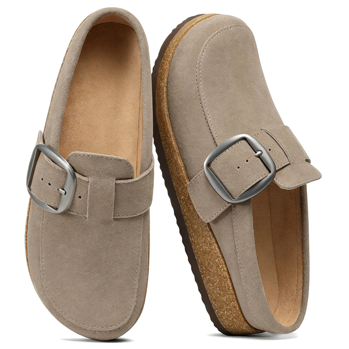 Gray genuine suede mule clogs pair with buckle, top and side view
