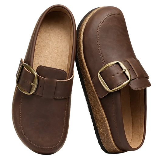 Brown vegan leather clogs with heritage buckle, pair top view