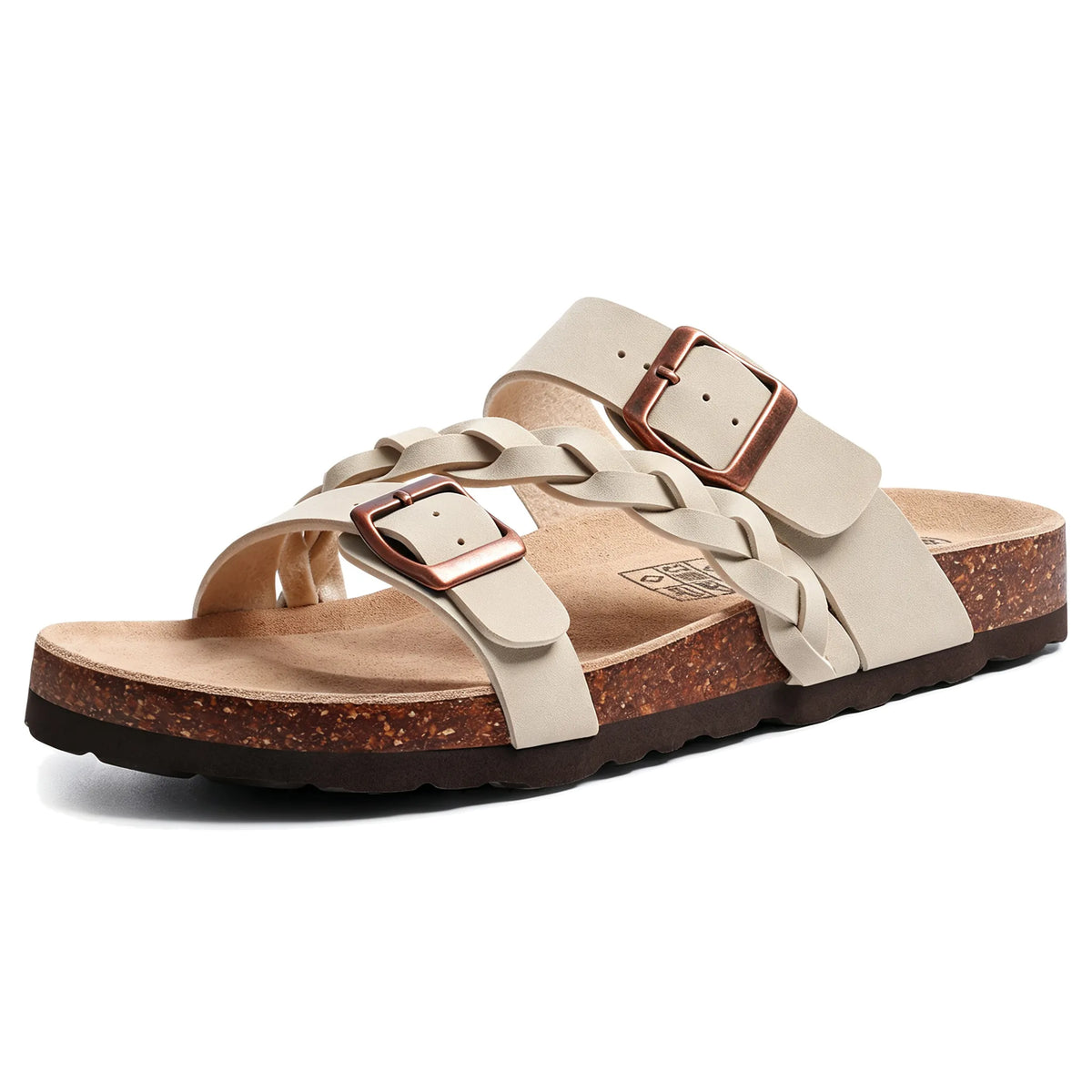 Stone braided cork footbed sandals with double buckles, pair angled view