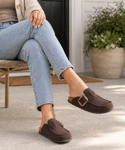 Genuine Suede Clog Mules with big buckle