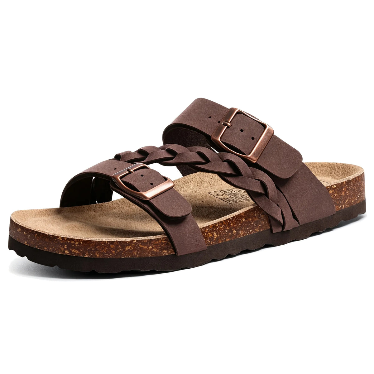 Dark brown braided cork footbed sandals with double buckles, pair angled view