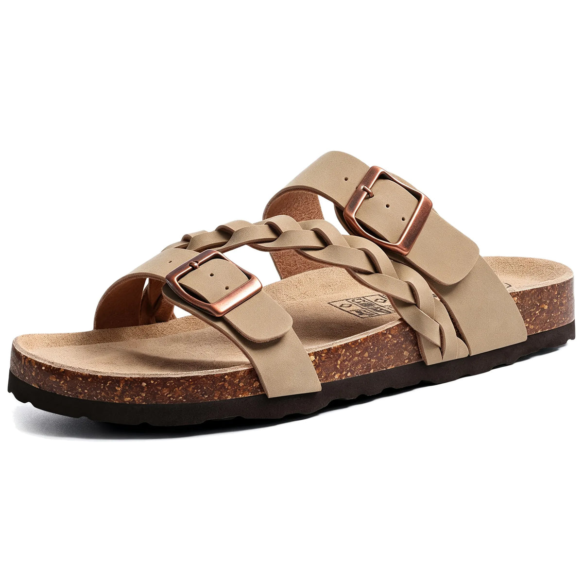 Tan braided cork footbed sandals with double buckles, side view