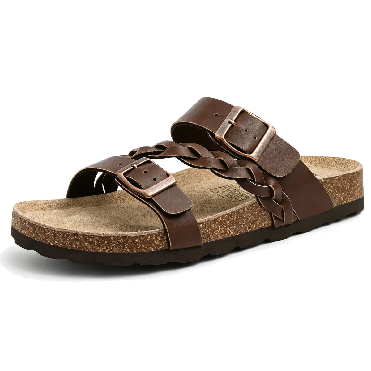 Mocha braided cork footbed sandals with double buckles, side view