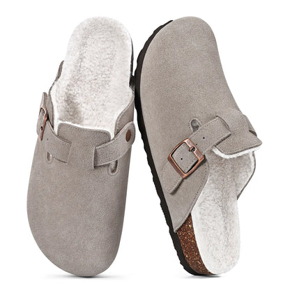Gray genuine suede fur-lined clogs with buckle, pair top view