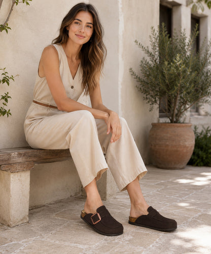 Genuine Suede Clog Mules with big buckle