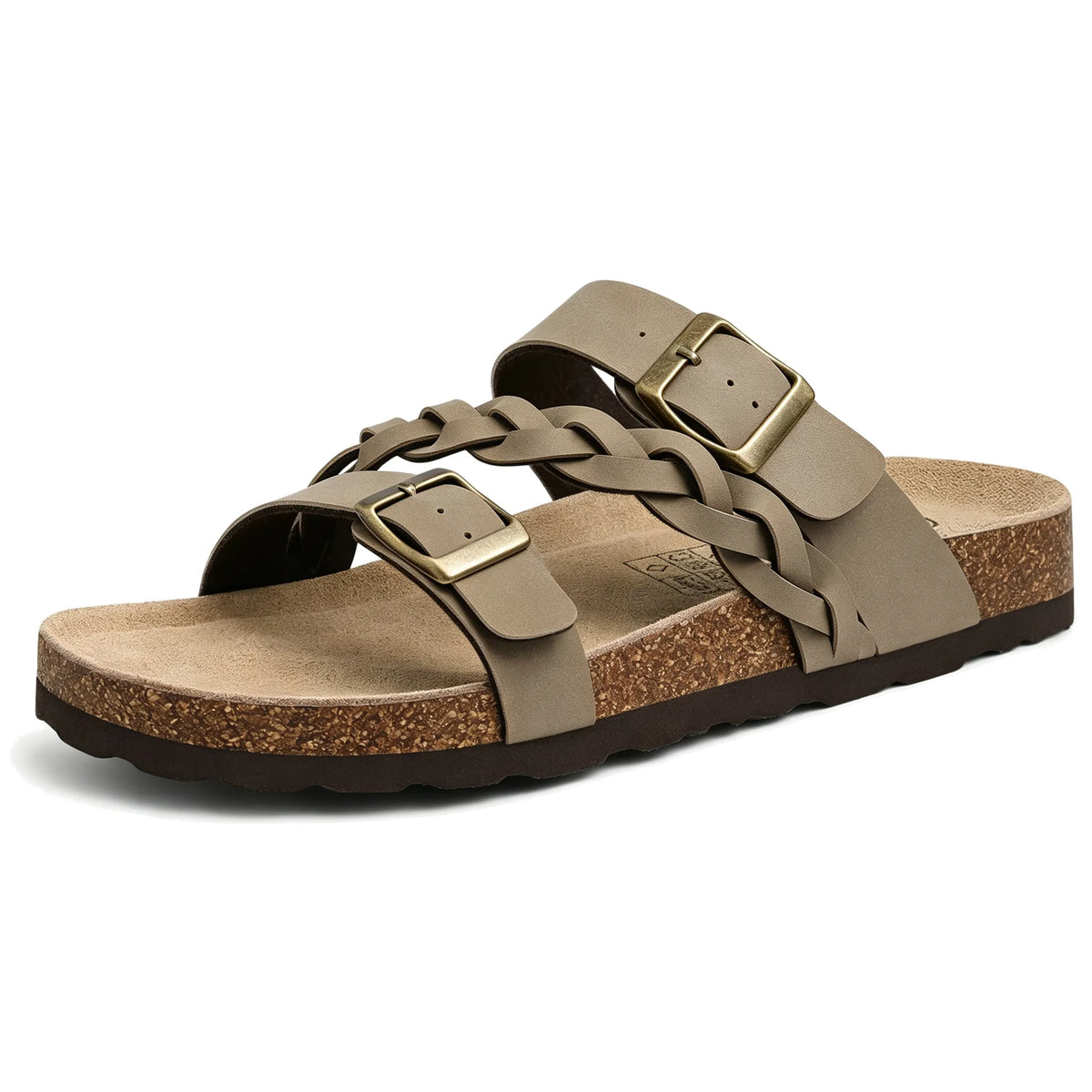 Hickory braided cork footbed sandals with double buckles, side view