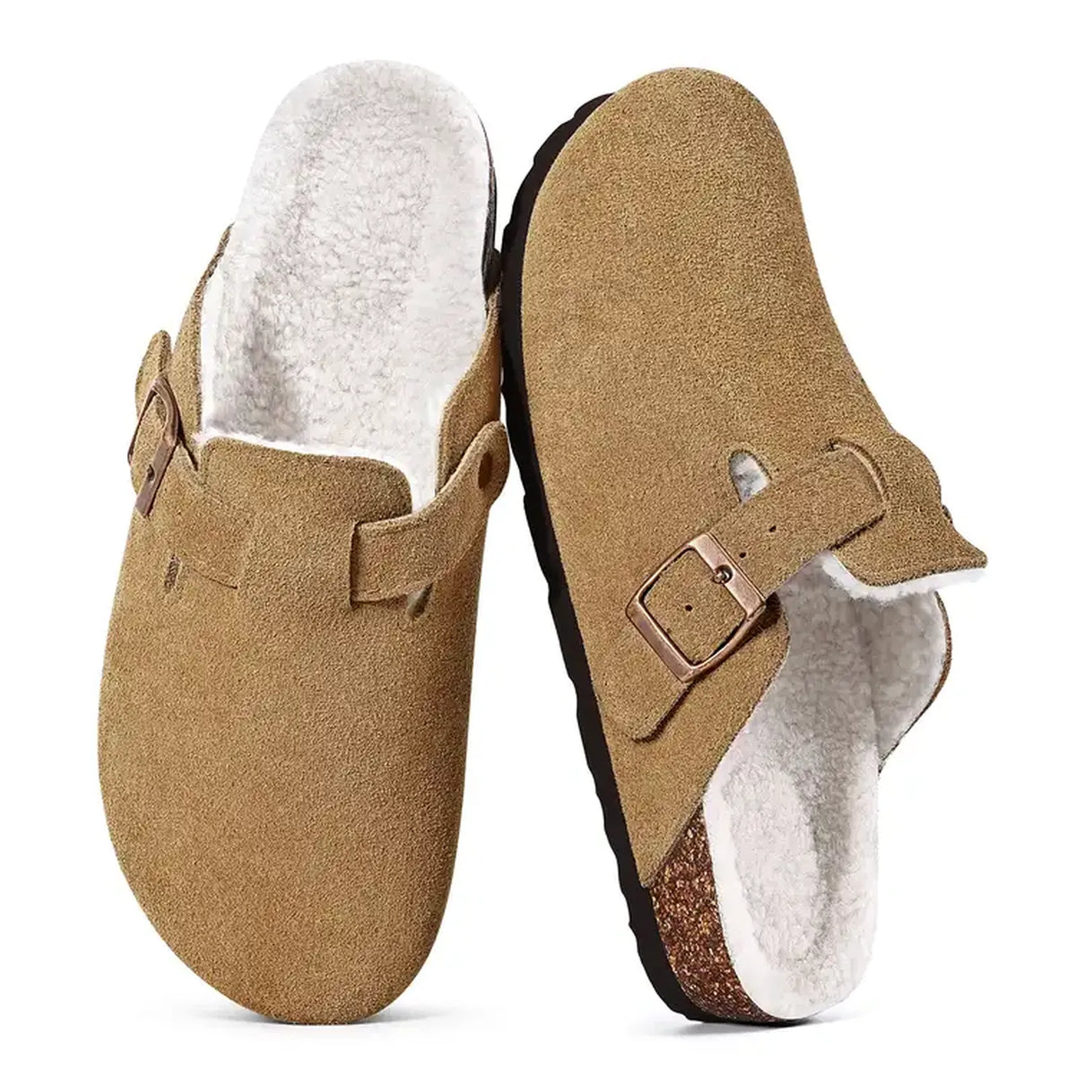 Camel genuine suede fur-lined clogs with buckle, pair top view
