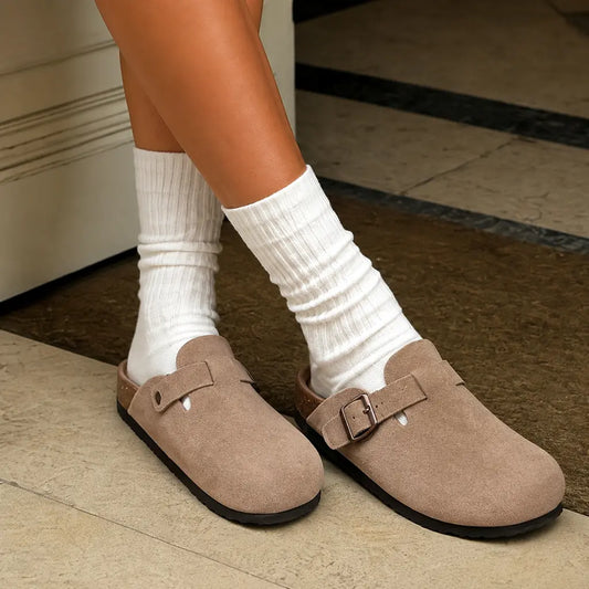 Taupe genuine suede clogs worn with white socks