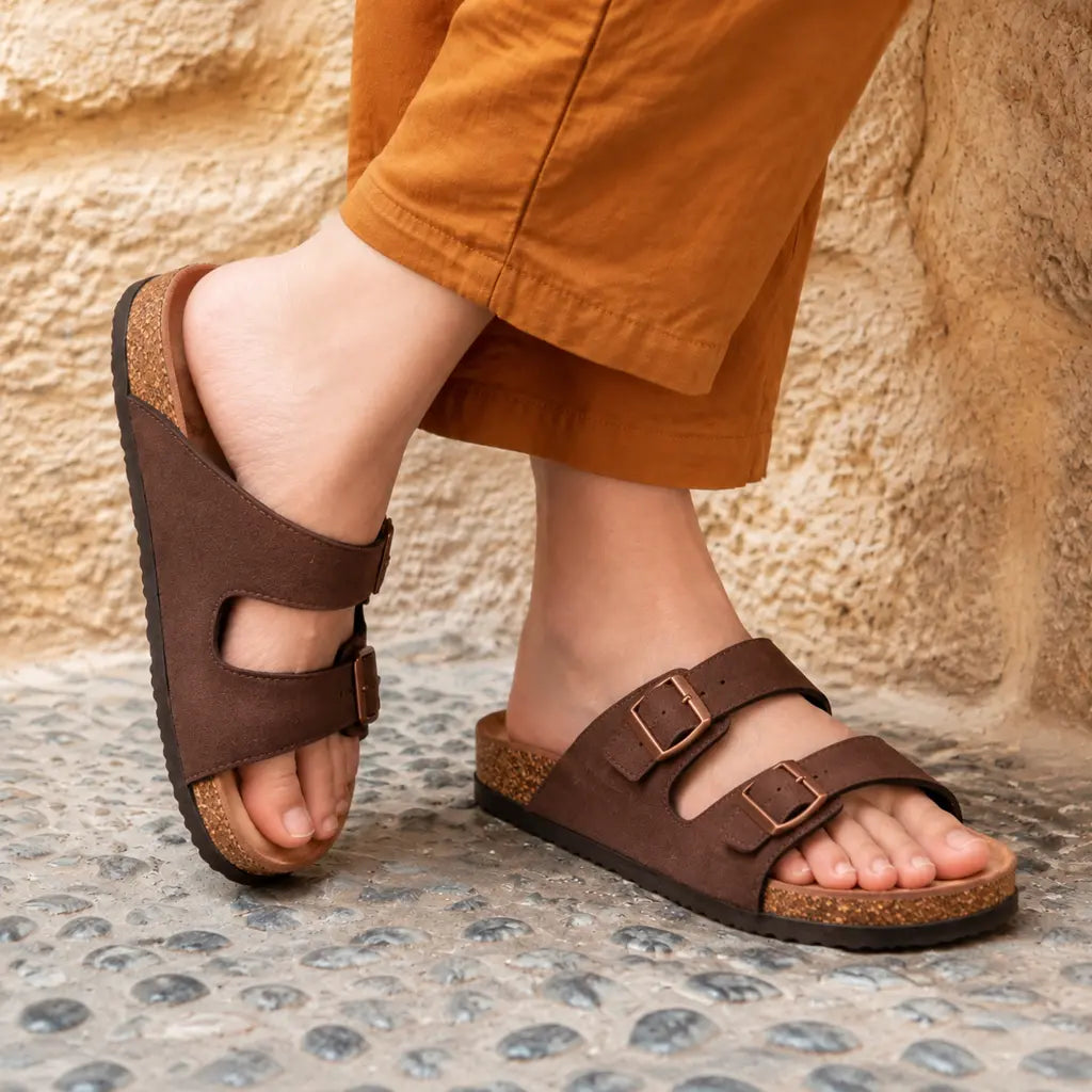 Dark brown suede double-buckle sandals worn outdoors with orange trousers