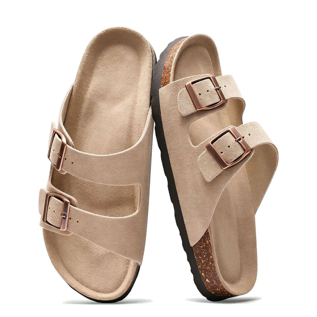 Tan suede double-buckle sandals, pair top view