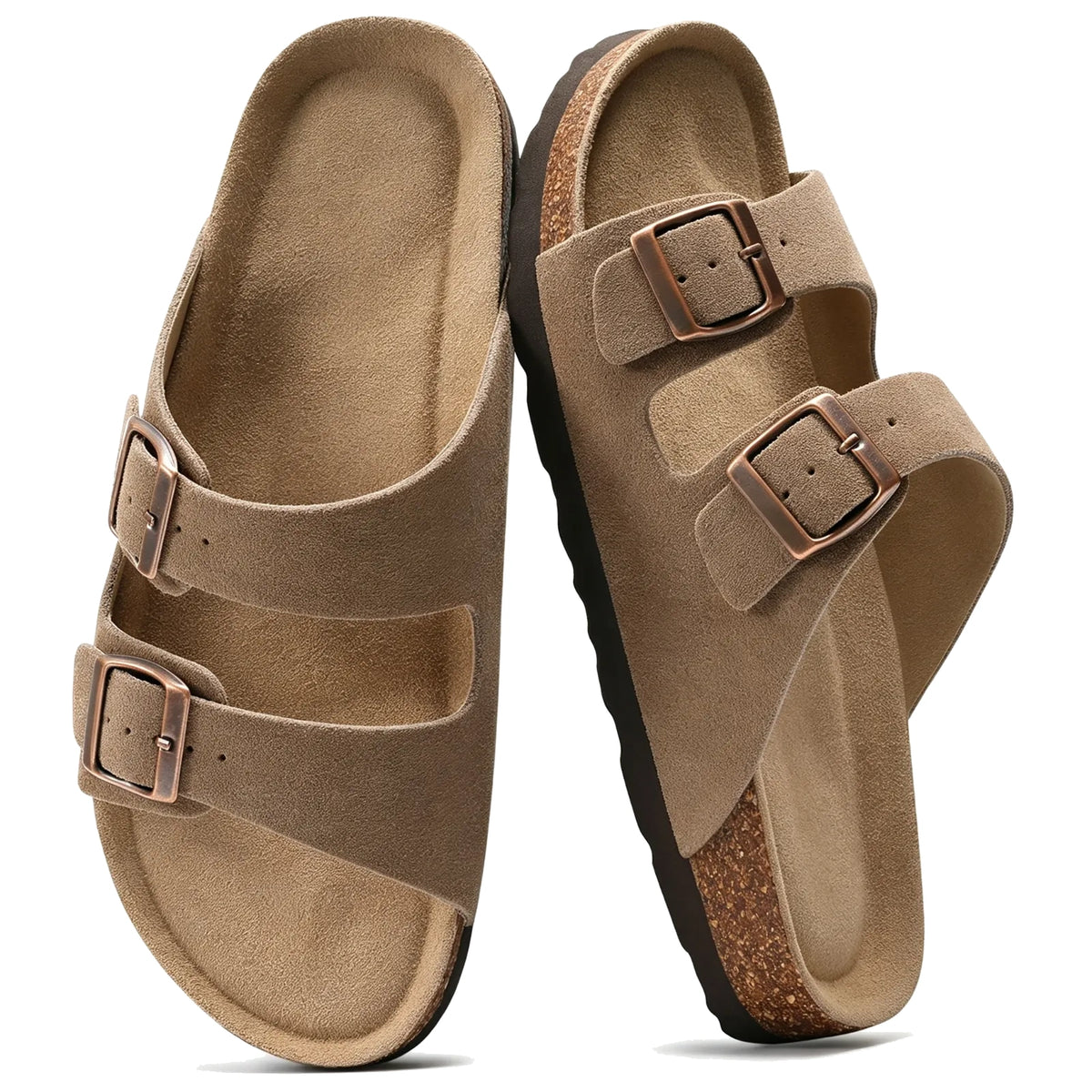Taupe suede double-buckle sandals, pair top view