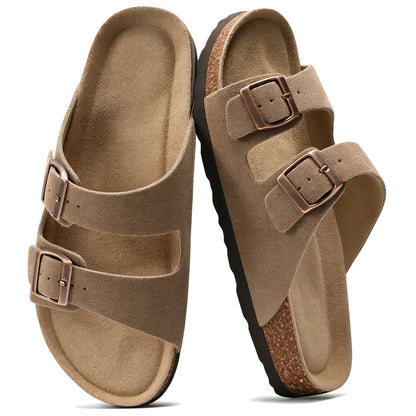 Taupe suede double-buckle sandals, pair top view
