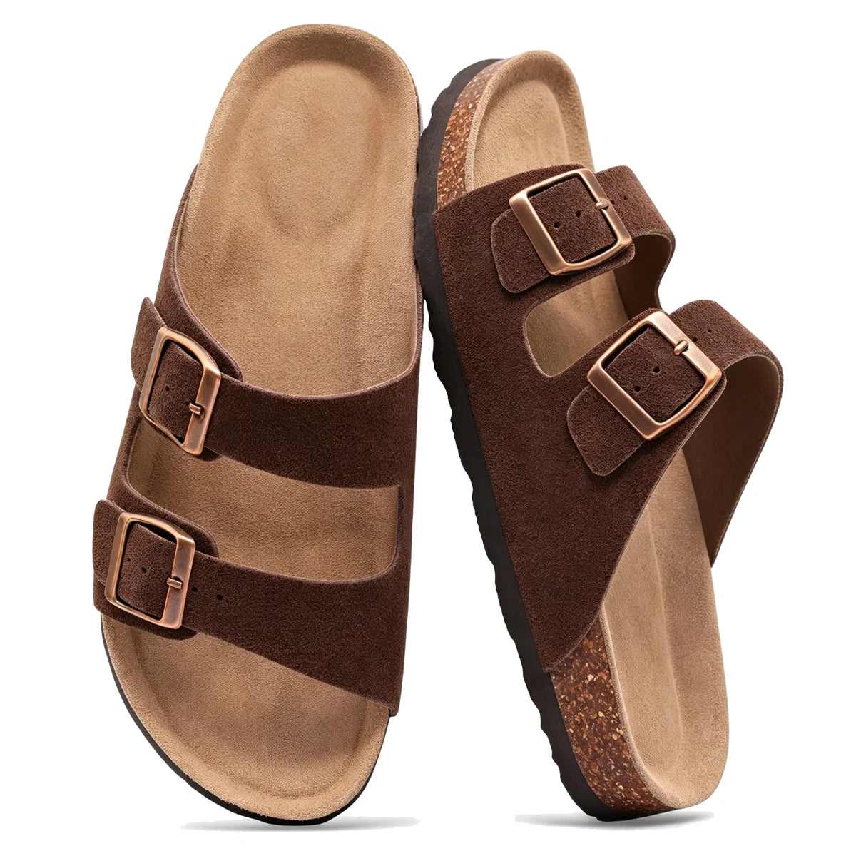 Dark brown suede double-buckle sandals, pair top view