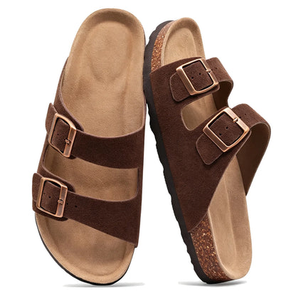 Dark brown suede double-buckle sandals, pair top view