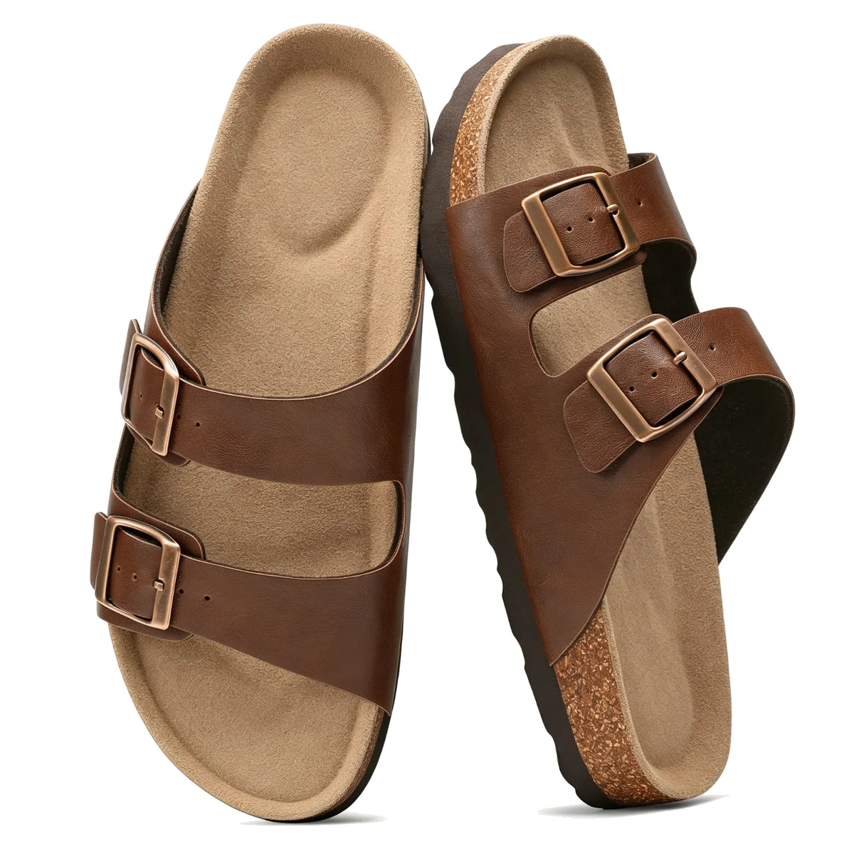 Coffee double-buckle cork sandals, pair top view