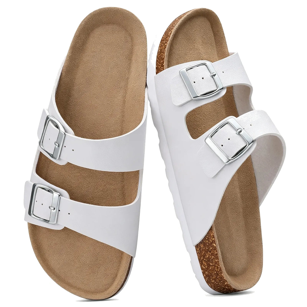 White double-buckle cork sandals, pair top view