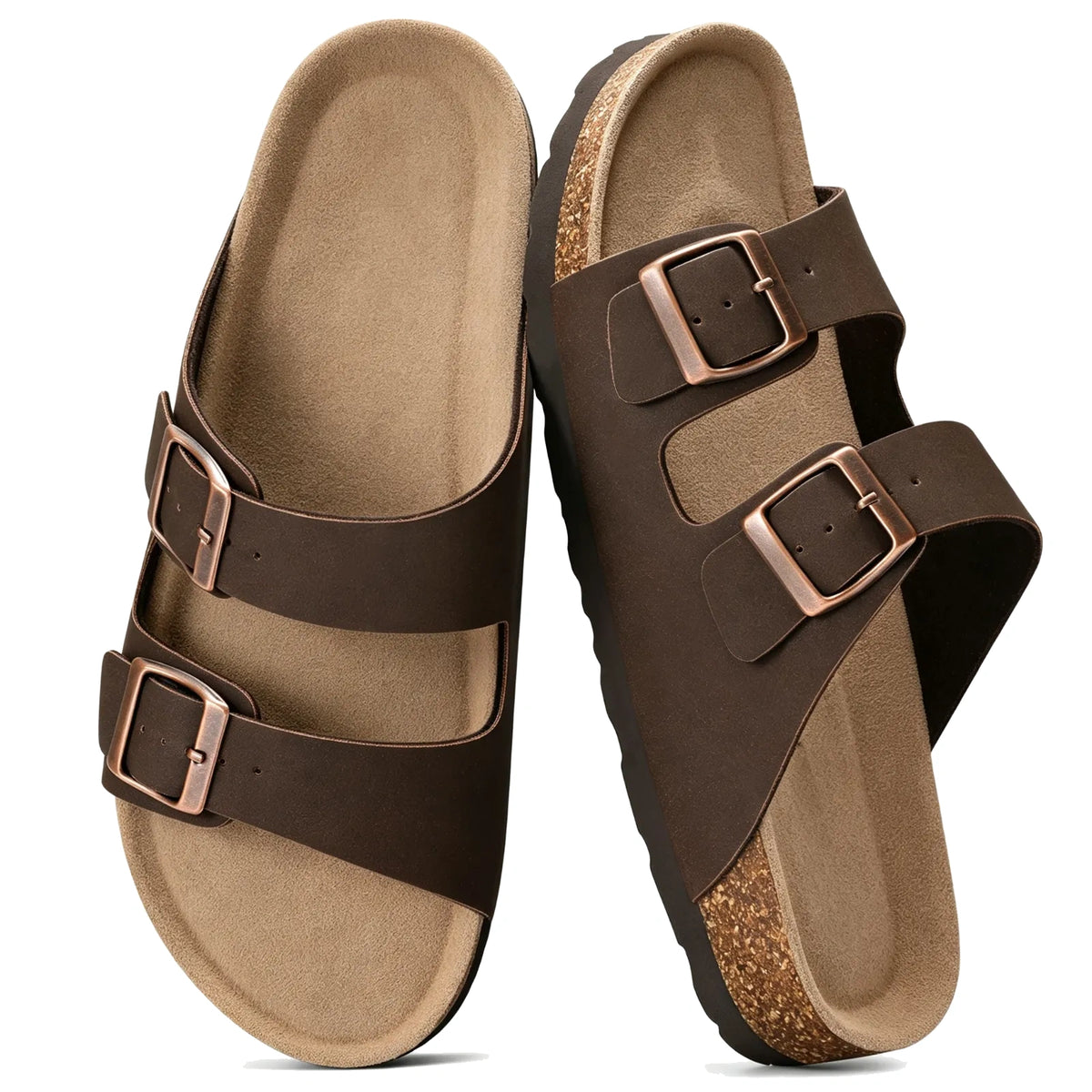 Mocha brown double-buckle cork sandals with cork footbed, pair top view