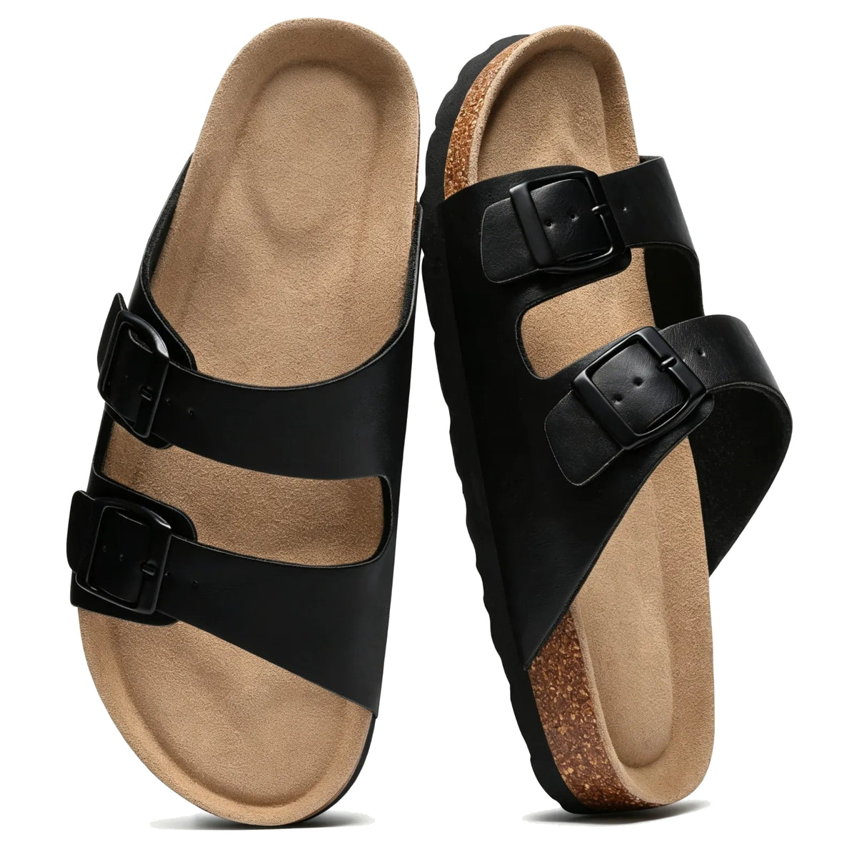 Black double-buckle cork sandals, pair top view