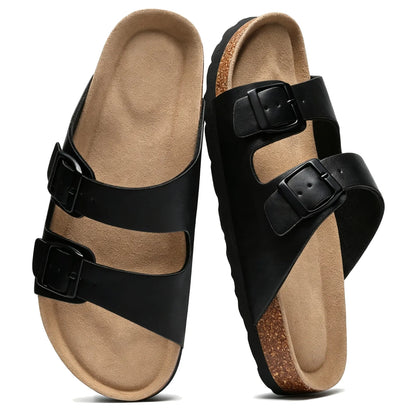 Black double-buckle cork sandals, pair top view