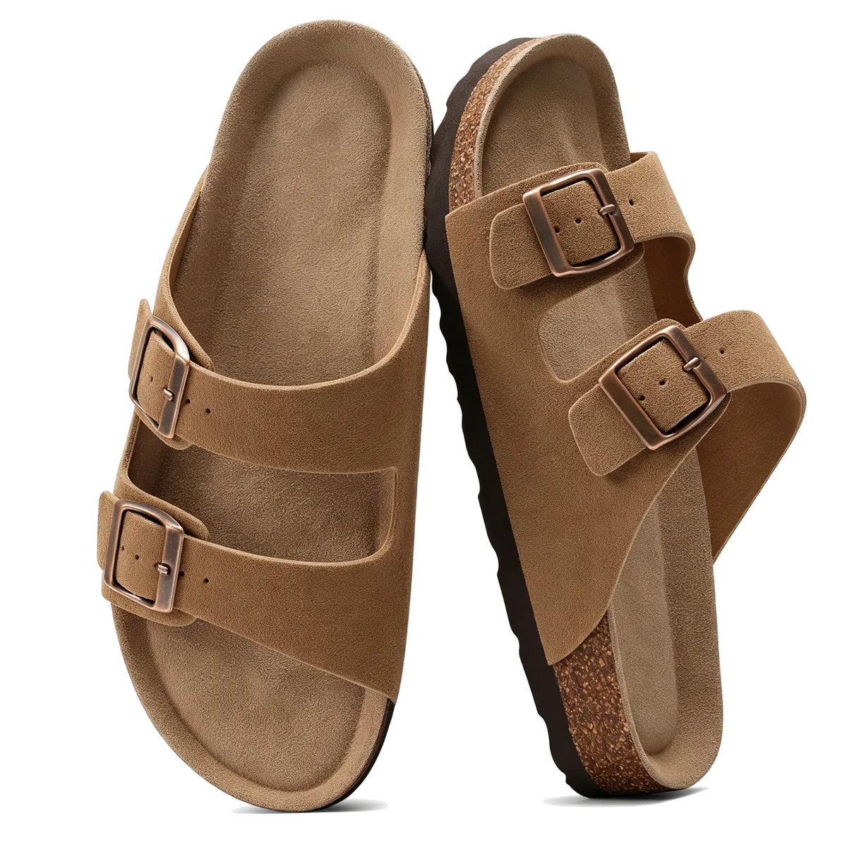 Mocha suede double-buckle sandals, pair top view