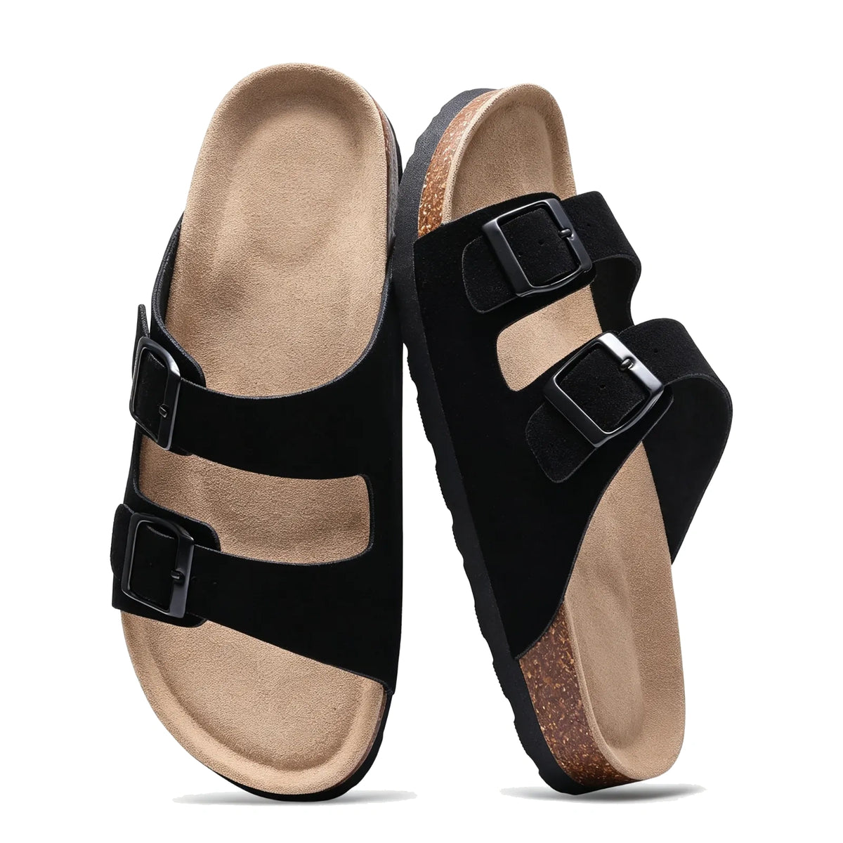Black suede double-buckle sandals, pair top view