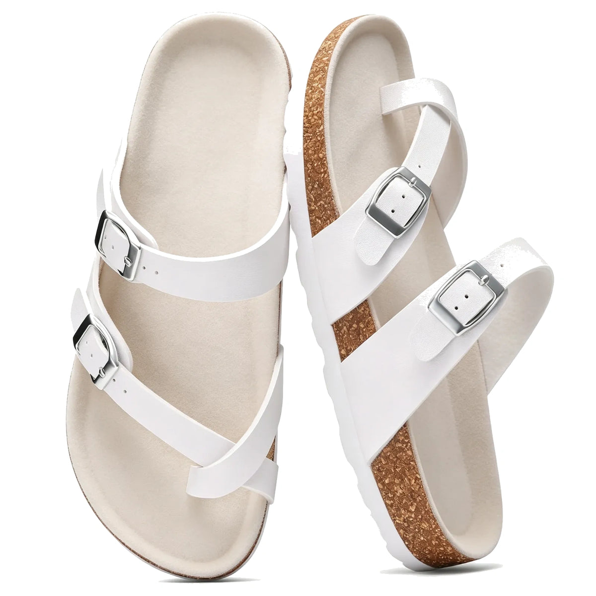 White toe-loop cork footbed sandals with double buckles, pair top view