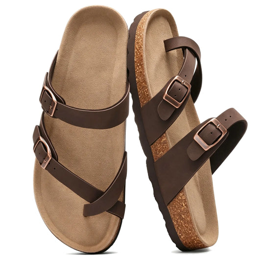 Brown toe-loop cork footbed sandals with double buckles, pair top view