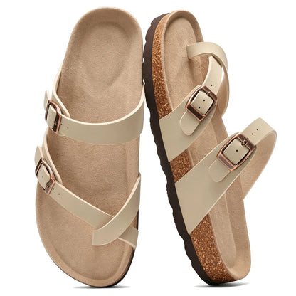 Beige toe-loop cork footbed sandals with double buckles, pair top view