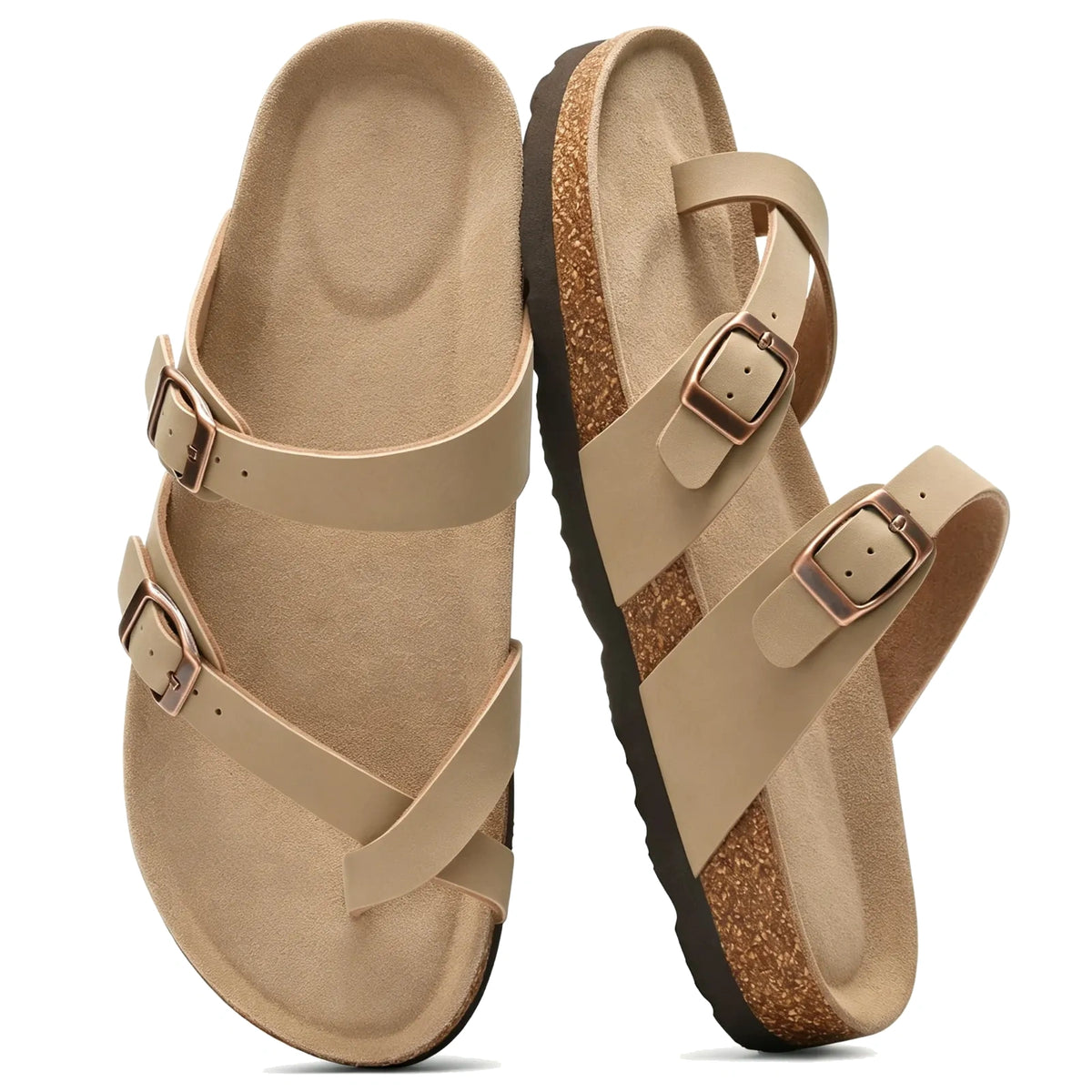Taupe toe-loop cork footbed sandals with double buckles, pair top view