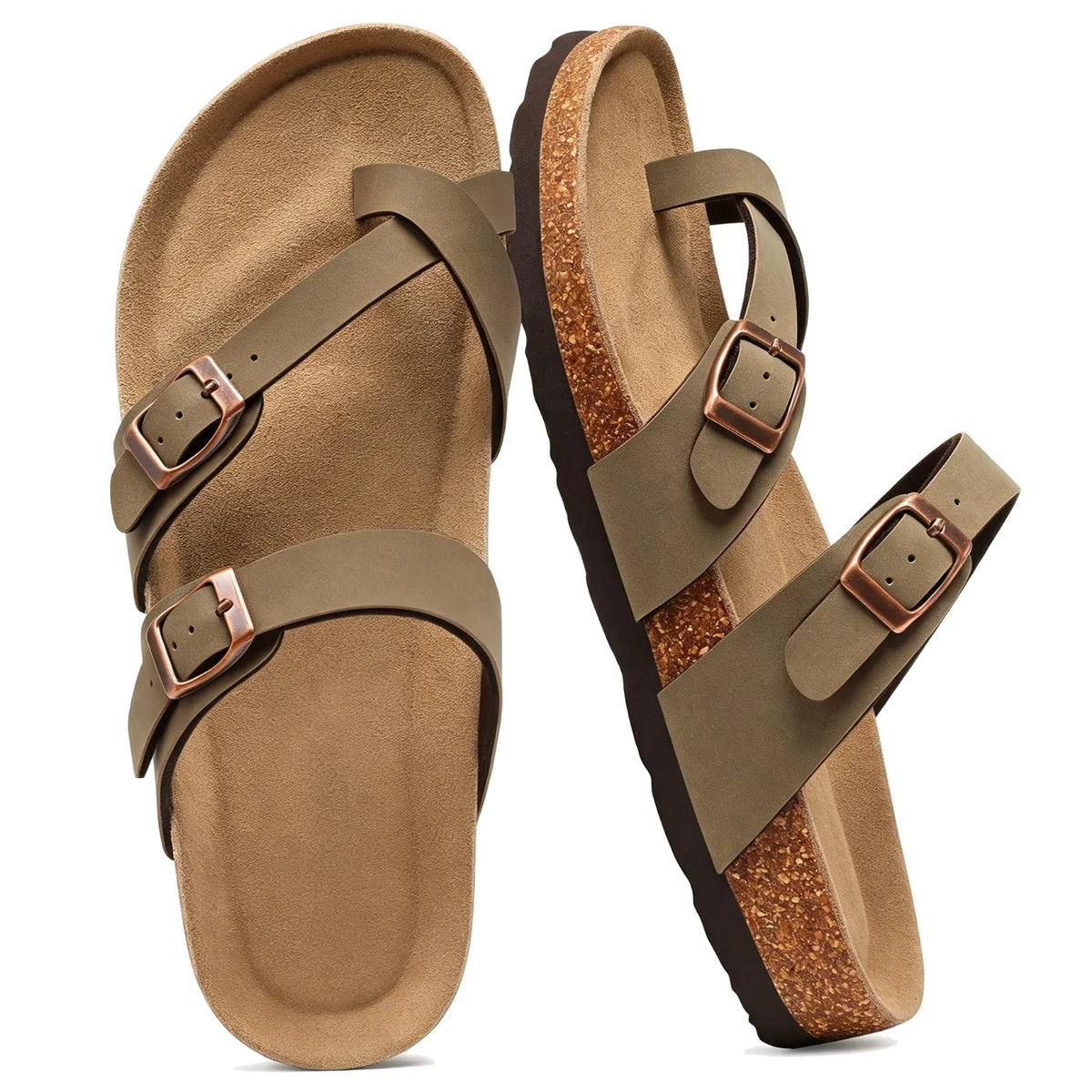 Gray toe-loop cork footbed sandals with double buckles, pair top view