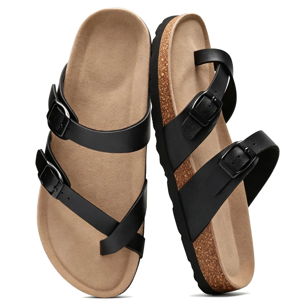 Black toe-loop cork footbed sandals with double buckles, pair top view