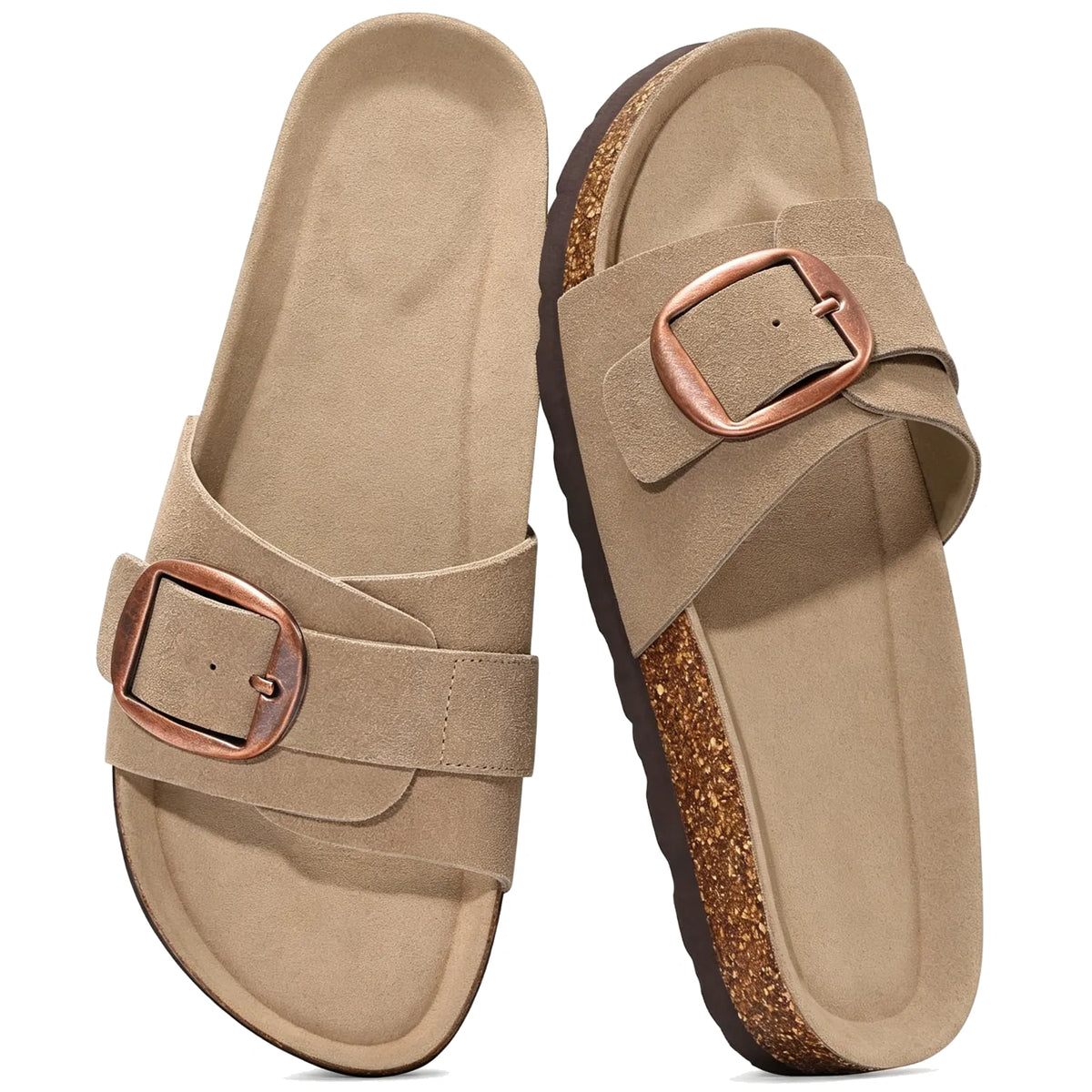 Taupe suede slide sandals with wide strap and buckle, pair top view